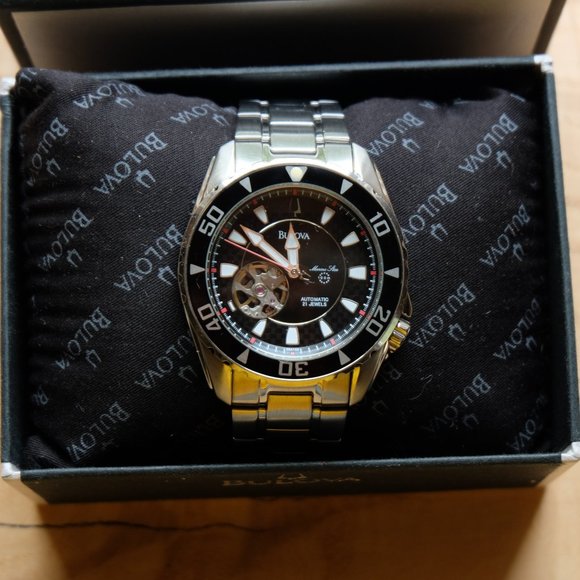 Bulova Marine Star Skeleton Automatic 21 Jewels Silver Tone Men's Watch - Picture 12 of 12